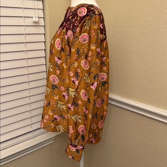LOFT Floral Blouse Mustard Burgundy Long Sleeves Women's Small - Picture 5 of 14